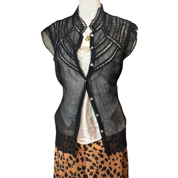 BCBG Max Azria Sheer Black Button Up Blouse Lace Trim Size XL - Picture 2 of 6